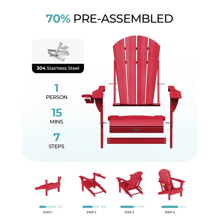 Ciokea Folding Adirondack Chair Wood Texture, Patio Adirondack Chair Weather Resistant, Plastic Fire Pit Chair with Cup Holder, Lawn Chair for Outdoor Porch Garden Backyard Deck (Red) by Ciokea - Image 3