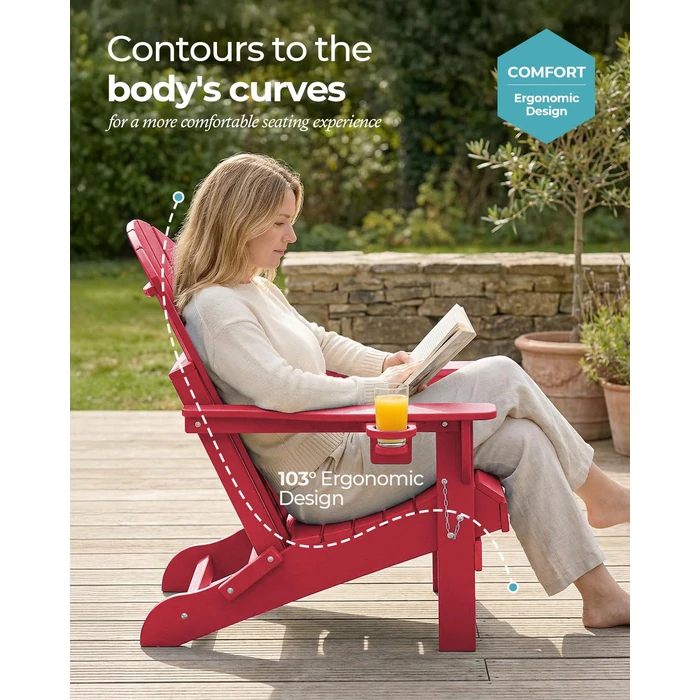 Ciokea Folding Adirondack Chair Wood Texture, Patio Adirondack Chair Weather Resistant, Plastic Fire Pit Chair with Cup Holder, Lawn Chair for Outdoor Porch Garden Backyard Deck (Red) by Ciokea - Image 4