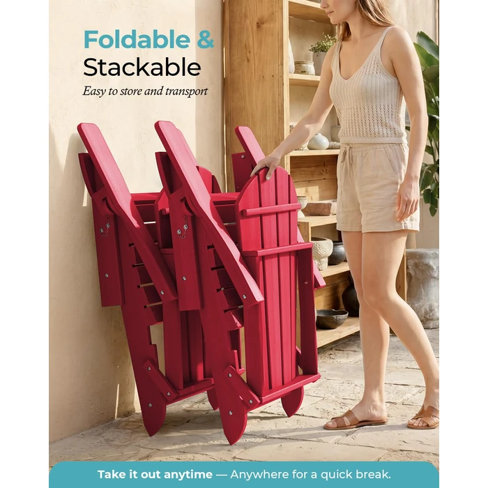 Ciokea Folding Adirondack Chair Wood Texture, Patio Adirondack Chair Weather Resistant, Plastic Fire Pit Chair with Cup Holder, Lawn Chair for Outdoor Porch Garden Backyard Deck (Red) by Ciokea - Image 5