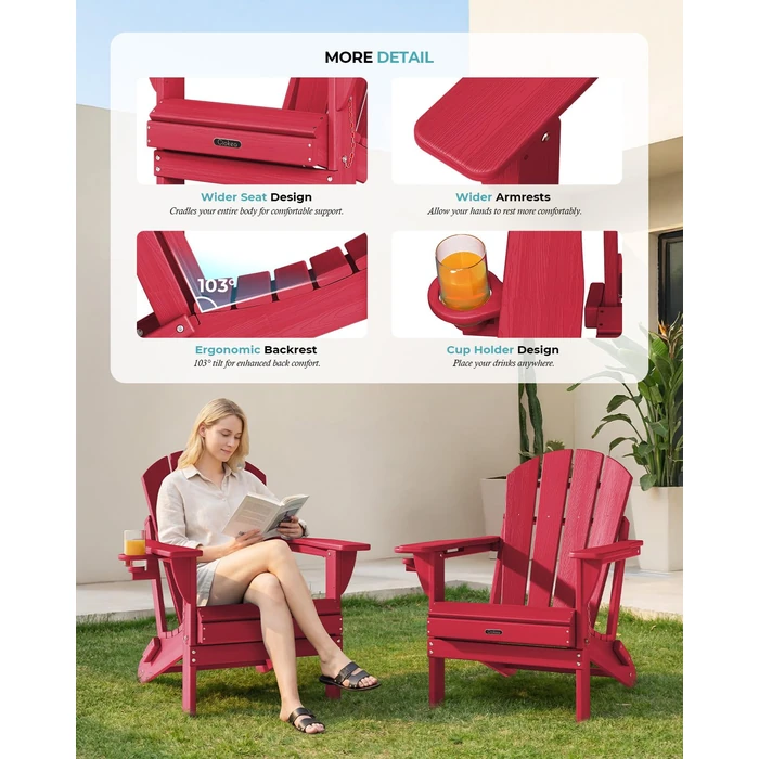 Ciokea Folding Adirondack Chair Wood Texture, Patio Adirondack Chair Weather Resistant, Plastic Fire Pit Chair with Cup Holder, Lawn Chair for Outdoor Porch Garden Backyard Deck (Red) by Ciokea - Image 6