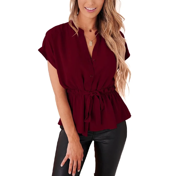 CiCiBird Womens Button Down Blouses Casual Peplum Summer Tops Dressy Chiffon Work Blouse Red L by CiCiBird - Used - Like New condition