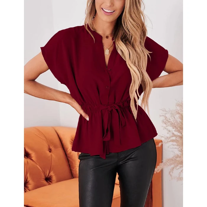 CiCiBird Womens Button Down Blouses Casual Peplum Summer Tops Dressy Chiffon Work Blouse Red L by CiCiBird - Image 3