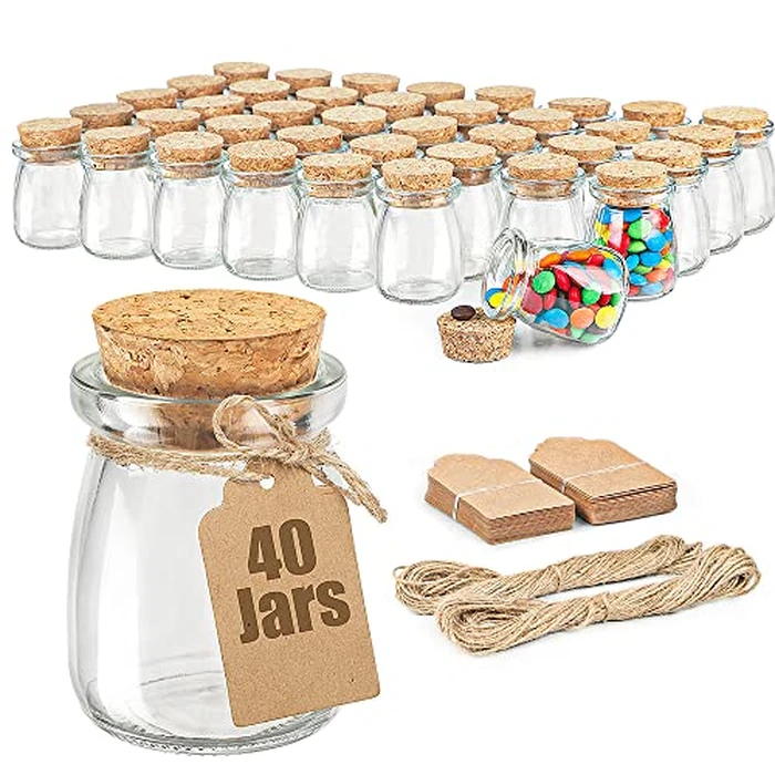 Ritayedet 40 Pack Small Glass Jars for Favors, 3.4 oz Glass Jars with Cork Lids for Candle, Potion Bottles, Spice, Yogurt, Candy, Wedding, Baby Shower, Decoration, Party(Bonus Twine and Labels) by Ritayedet - Used - Very Good condition - CA$36.85