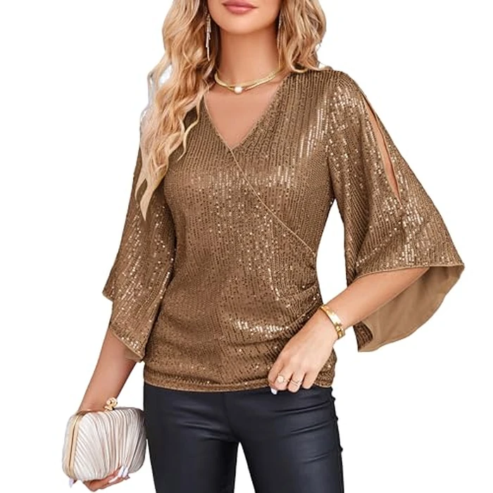 GRACE KARIN Womens Sequin Sparkly Tops 3/4 Sleeve Glitter Shimmer Party V-Neck Disco Club Concert Shirts Brown XL by GRACE KARIN - Image 1
