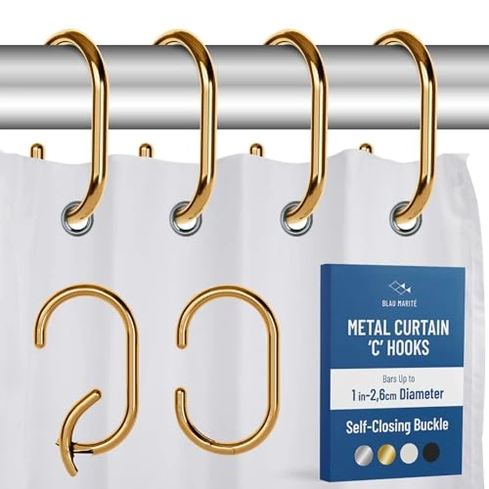 Blau Marité 12 Metal Shower Curtain Hooks, Rust-Proof Decorative C-Shaped Curtain Hooks for Bathroom, Golden Shower Curtain Rings, Fits Rods Up to 1 Inch (C, Gold) by Blau Marité - Used - Very Good condition