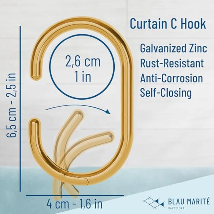 Blau Marité 12 Metal Shower Curtain Hooks, Rust-Proof Decorative C-Shaped Curtain Hooks for Bathroom, Golden Shower Curtain Rings, Fits Rods Up to 1 Inch (C, Gold) by Blau Marité - Image 2