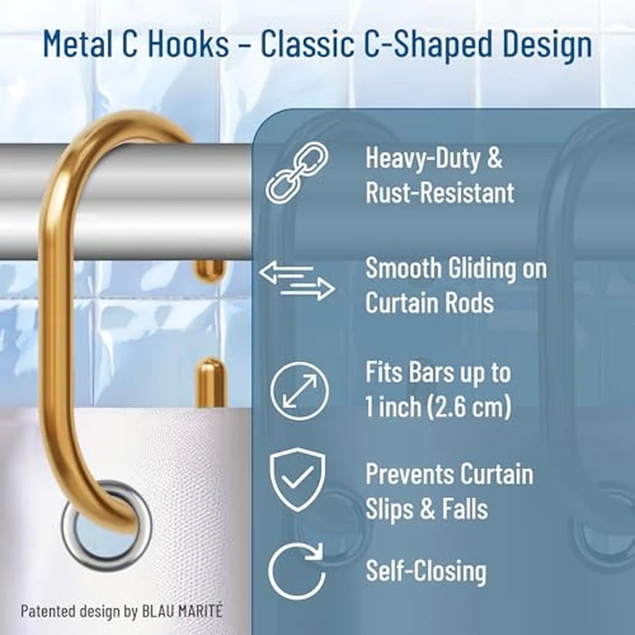 Blau Marité 12 Metal Shower Curtain Hooks, Rust-Proof Decorative C-Shaped Curtain Hooks for Bathroom, Golden Shower Curtain Rings, Fits Rods Up to 1 Inch (C, Gold) by Blau Marité - Image 3