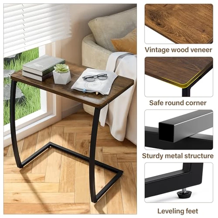 SRIWATANA Side Table, End Table, Vintage C-Shaped Couch Table for Sofa Laptop Coffee Snack, Walnut by SRIWATANA - Image 8