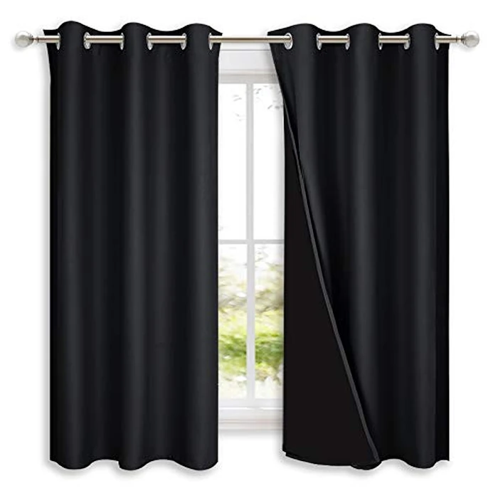 NICETOWN Complete 100% Blackout Curtain Set, Thermal Insulated & Energy Efficiency Window Draperies with Black Liner, Noise Reducing Short Curtains for Kids Room (Black, 42 inch W by 63 inch L, Double Panels) by NICETOWN - Used - Like New condition - CA$28.40