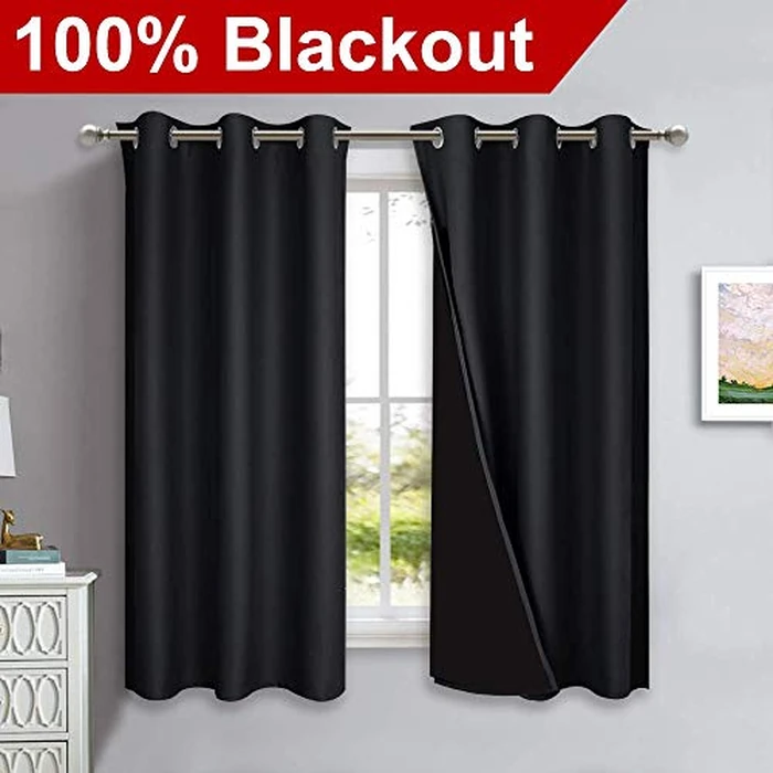 NICETOWN Complete 100% Blackout Curtain Set, Thermal Insulated & Energy Efficiency Window Draperies with Black Liner, Noise Reducing Short Curtains for Kids Room (Black, 42 inch W by 63 inch L, Double Panels) by NICETOWN - Image 2