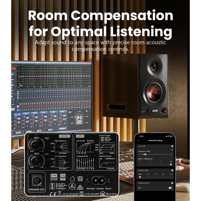 Edifier MR5 2.0 Studio Monitor Bookshelf Speakers, 110W(RMS), Hi-Res Audio, Bluetooth 6.0, 3-Way Active Design, Room Compensation, XLR/TRS/RCA Inputs, Compact Size for Home Studio & Music - Black by Edifier - Image 4