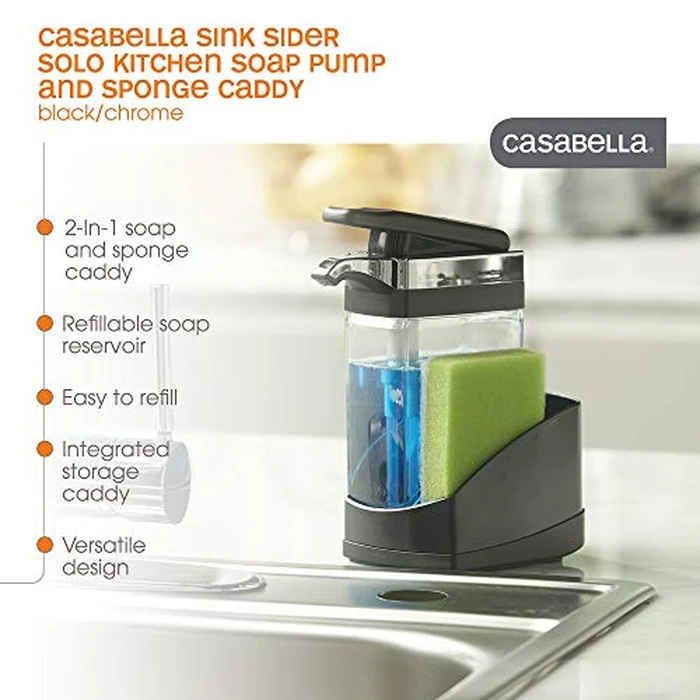Casabella Sink Sider Solo Kitchen 2-in-1 Soap Pump and Sponge Caddy, Black/Chrome by Casabella - Image 2