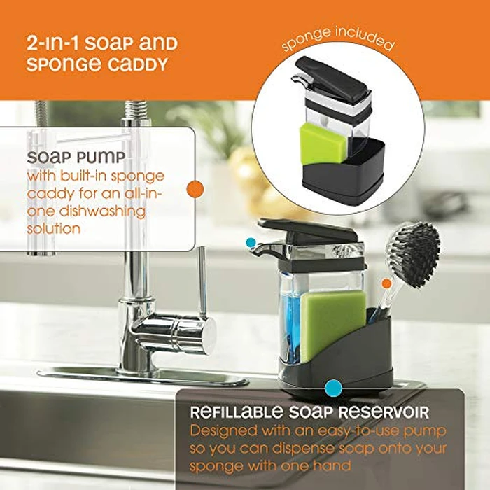 Casabella Sink Sider Solo Kitchen 2-in-1 Soap Pump and Sponge Caddy, Black/Chrome by Casabella - Image 3