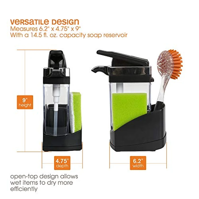 Casabella Sink Sider Solo Kitchen 2-in-1 Soap Pump and Sponge Caddy, Black/Chrome by Casabella - Image 5