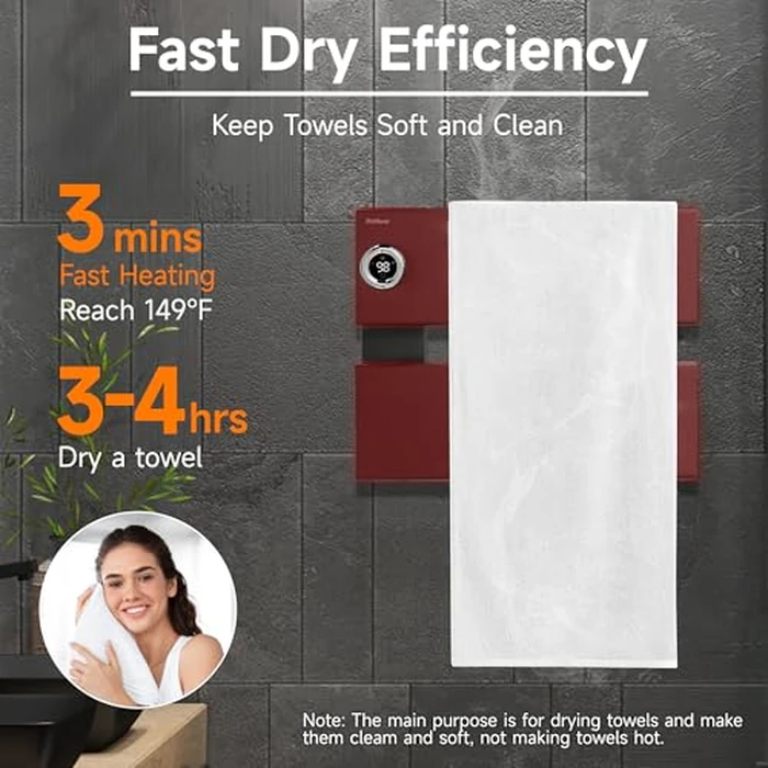 P&Dlusir Towel Warmer, Heated Towel Rack with Adjustable Temperature and Timer (1-24h, On), Fast Heating and Drying for Bathroom, Memory & Remote Control Compatible, Left-Wiring, 2-Panel, Black by P&Dlusir - Image 2