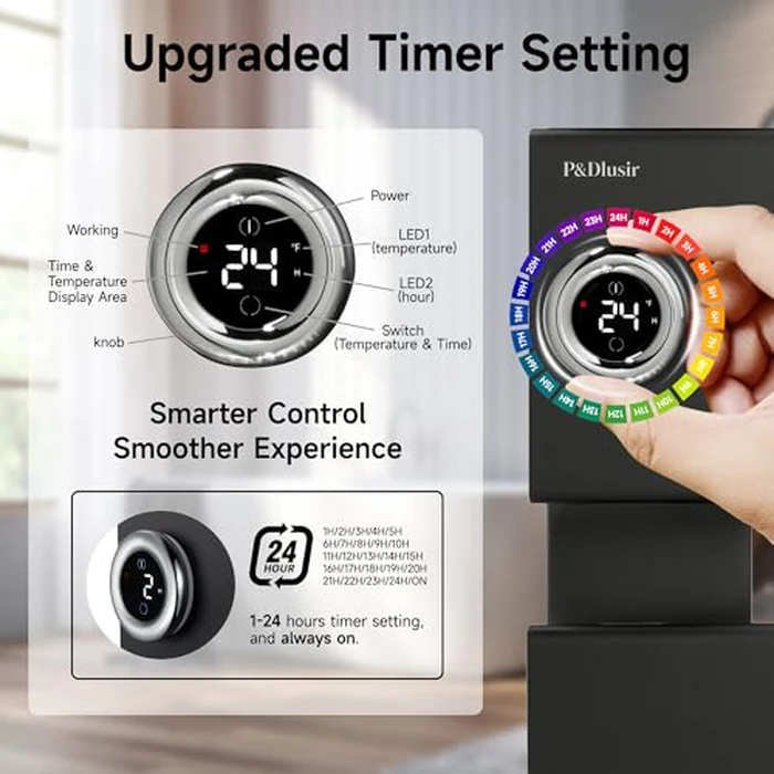 P&Dlusir Towel Warmer, Heated Towel Rack with Adjustable Temperature and Timer (1-24h, On), Fast Heating and Drying for Bathroom, Memory & Remote Control Compatible, Left-Wiring, 2-Panel, Black by P&Dlusir - Image 3