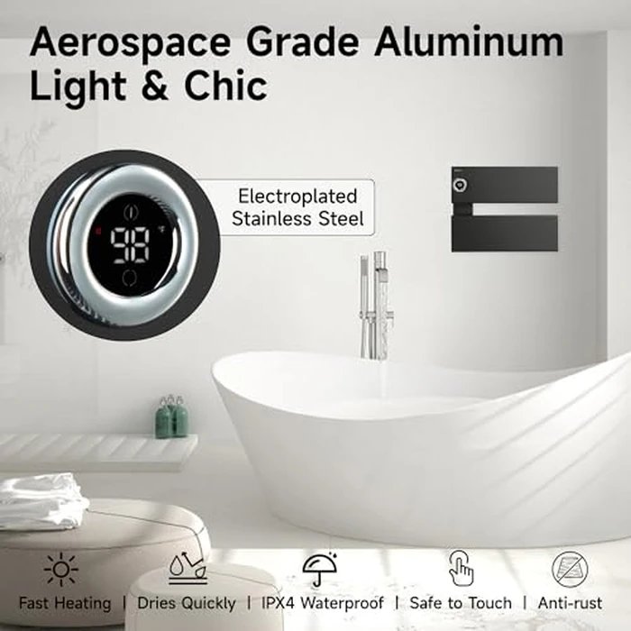 P&Dlusir Towel Warmer, Heated Towel Rack with Adjustable Temperature and Timer (1-24h, On), Fast Heating and Drying for Bathroom, Memory & Remote Control Compatible, Left-Wiring, 2-Panel, Black by P&Dlusir - Image 5