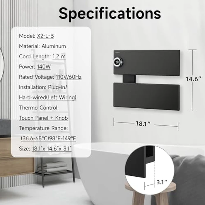 P&Dlusir Towel Warmer, Heated Towel Rack with Adjustable Temperature and Timer (1-24h, On), Fast Heating and Drying for Bathroom, Memory & Remote Control Compatible, Left-Wiring, 2-Panel, Black by P&Dlusir - Image 6