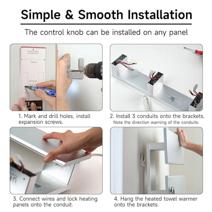 P&Dlusir Towel Warmer, Heated Towel Rack with Adjustable Temperature and Timer (1-24h, On), Fast Heating and Drying for Bathroom, Memory & Remote Control Compatible, Left-Wiring, 2-Panel, Black by P&Dlusir - Image 7