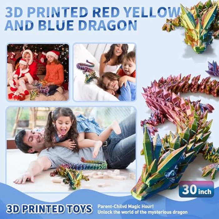 meturebear Large 3D Printed Dragon,30 Inch 3D Dragon Toys,Bigger Fidget Crystal Animals Toys, 3D Printed Articulated Animals for Home Office Car Desk Decor (Red Gold Blue, 30 inch) by meturebear - Image 4