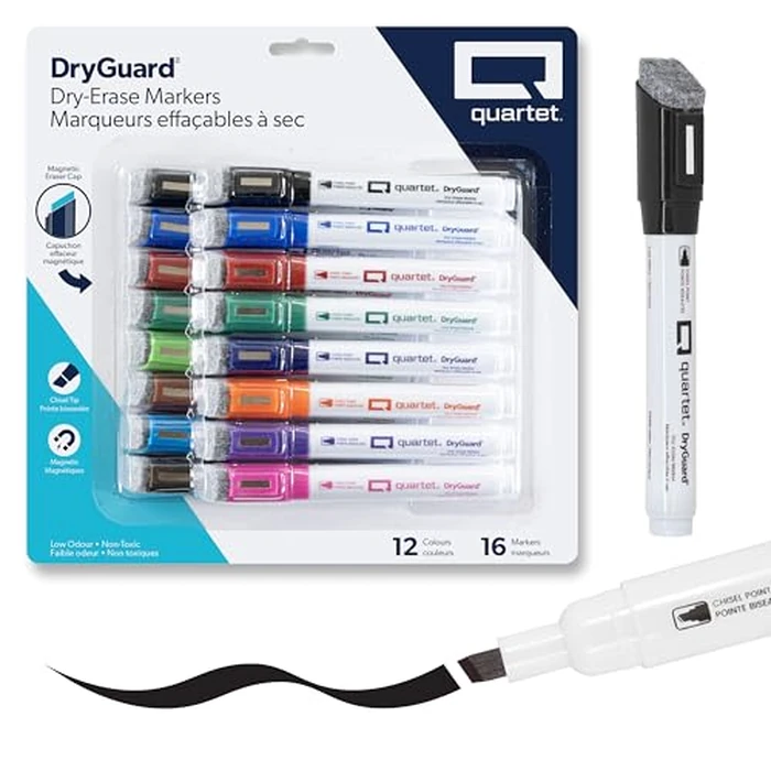 Quartet DryGuard Dry-Erase Markers, Whiteboard Markers, Chisel Tip, Low Odour, Magnetic Cap with Built-in Eraser, Assorted Colours, 16 Count (Q12016PC01-R) by Quartet - Used - Like New condition