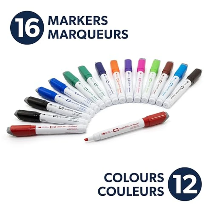 Quartet DryGuard Dry-Erase Markers, Whiteboard Markers, Chisel Tip, Low Odour, Magnetic Cap with Built-in Eraser, Assorted Colours, 16 Count (Q12016PC01-R) by Quartet - Image 2