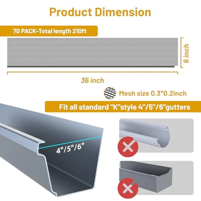 210 ft Mesh Gutter Guards (70 Pack) - Fits 4", 5" and 6" K Style Gutters - Professional 6 Inch Black Steel Screens - Snap In Leaf Protector - Easy Rain Gutter Covers for Leaves by Cuguords - Image 3