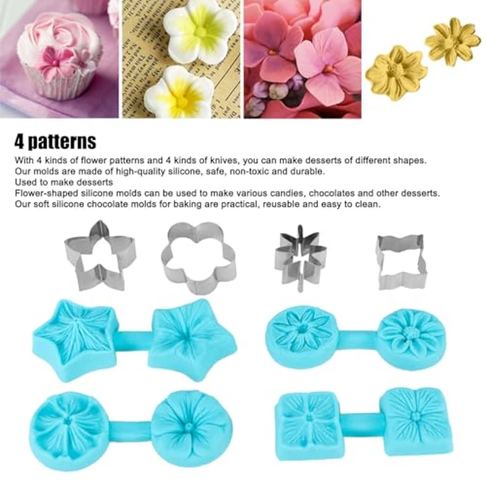 Flower Silicone Fondant Molds, 4 Sets Fondant Chocolate Molds Silicone Baking Molds Utensils Kitchen Supplies with Cutter for Birthdays Baby Showers Weddings Christmas Party by Estink - Image 3