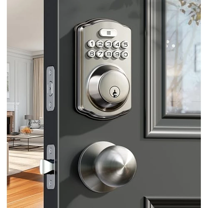 Veise Keyless Entry Door Lock with 2 Knobs, Electronic Backlit Keypad Deadbolt with Handle Set, Auto Lock, One-time Codes, Smart Deadbolt for Front Door, Easy Installation, Satin Nickel by Veise - Image 1