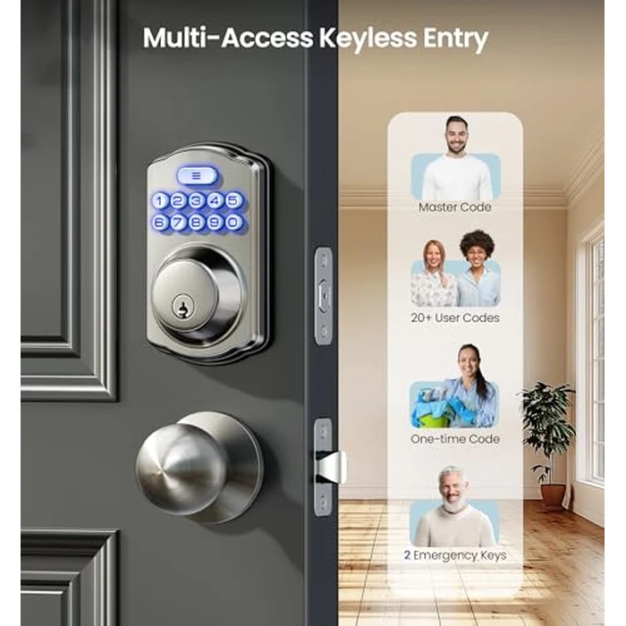 Veise Keyless Entry Door Lock with 2 Knobs, Electronic Backlit Keypad Deadbolt with Handle Set, Auto Lock, One-time Codes, Smart Deadbolt for Front Door, Easy Installation, Satin Nickel by Veise - Image 2