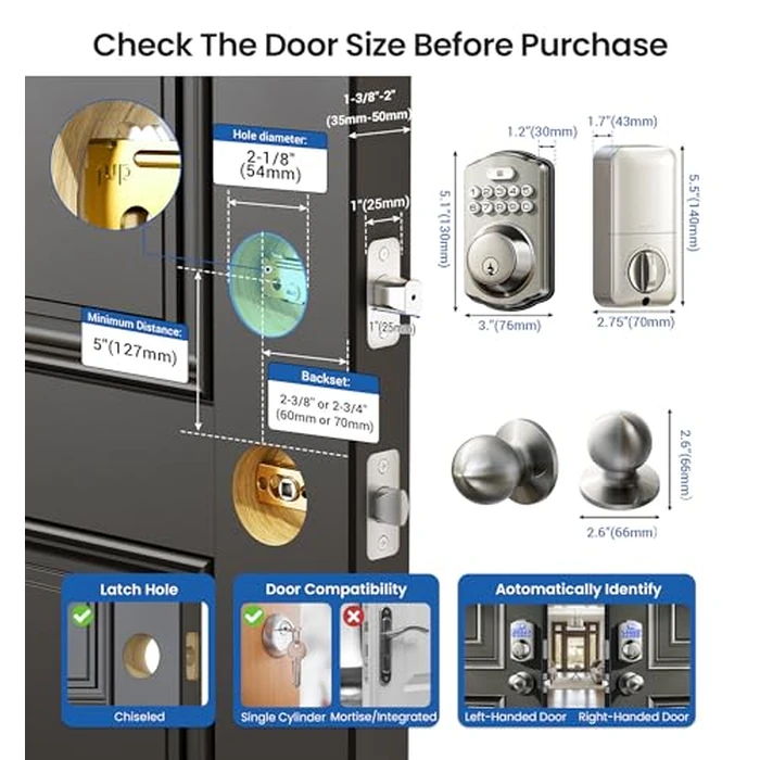 Veise Keyless Entry Door Lock with 2 Knobs, Electronic Backlit Keypad Deadbolt with Handle Set, Auto Lock, One-time Codes, Smart Deadbolt for Front Door, Easy Installation, Satin Nickel by Veise - Image 8
