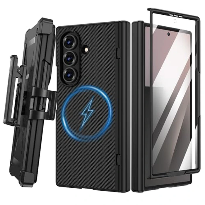 VEGO for Galaxy Z Fold 7 Case with Belt Clip [Compatible with Magsafe] Screen Protector & Hinge Protection Full-Body Shockproof Carbon Fiber Hard PC Protective Magnet Case for Samsung Z Fold 7 Black by VEGO - Image 1