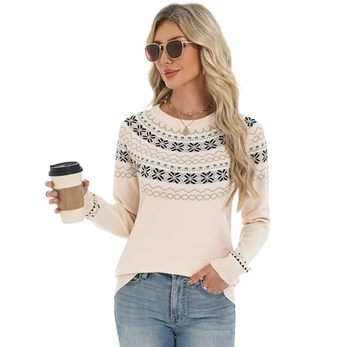 LOMON Women's Vintage Crewneck Long Sleeve Family Christmas Snowflake Holiday Pullover Sweater Apricot Pattern M by LOMON - Image 8