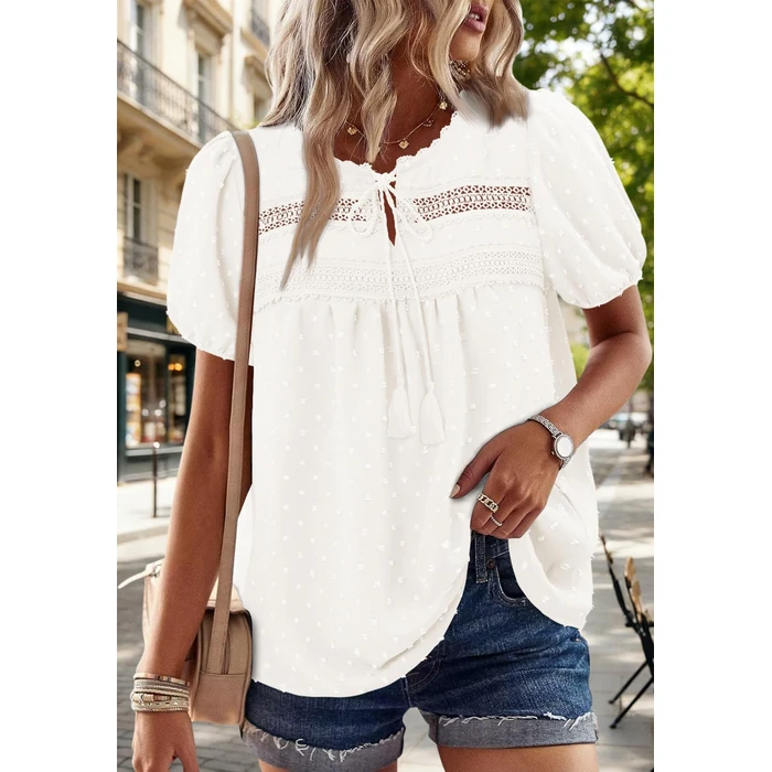Shirts Women Plus Size Summer Trendy Blouse Oversized Short Sleeve Boho Lace Chiffon Casual Loose Tops Dressy Beach Cute Shirt White 2X by BETTE BOUTIK - Used - Like New condition - US$18.99