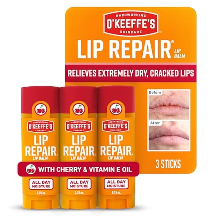 O'Keeffe's Lip Repair Lip Balm with Cherry & Vitamin E Oil - Stick (3 Pack) - Moisturizer for Extremely Cracked, Dry Lips by O'Keeffe's - Used - Like New condition