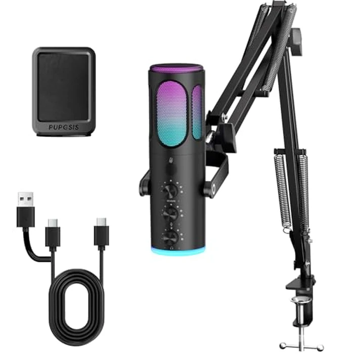 PUPGSIS Gaming Microphone for PC, USB Condenser Mic for PS4/5 and Mac, Noise Cancellation Computer Mic with Mute, Reverb, Adjustable Boom Arm, Pop Filter for Streaming/Podcasting/Recording/YouTube by P PUPGSIS - Used - Like New condition