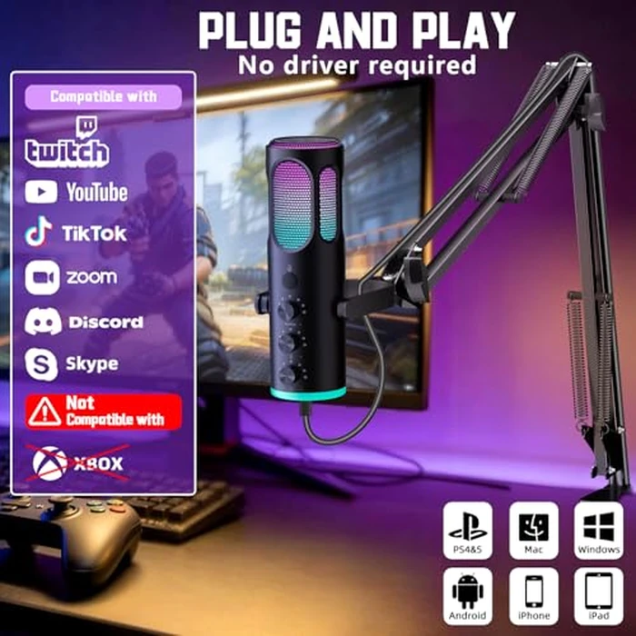 PUPGSIS Gaming Microphone for PC, USB Condenser Mic for PS4/5 and Mac, Noise Cancellation Computer Mic with Mute, Reverb, Adjustable Boom Arm, Pop Filter for Streaming/Podcasting/Recording/YouTube by P PUPGSIS - Image 6