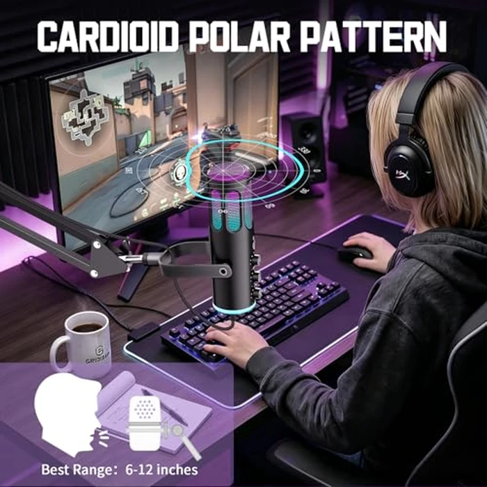PUPGSIS Gaming Microphone for PC, USB Condenser Mic for PS4/5 and Mac, Noise Cancellation Computer Mic with Mute, Reverb, Adjustable Boom Arm, Pop Filter for Streaming/Podcasting/Recording/YouTube by P PUPGSIS - Image 7