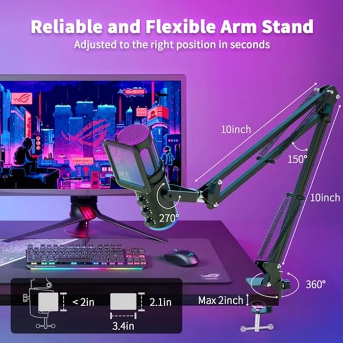 PUPGSIS Gaming Microphone for PC, USB Condenser Mic for PS4/5 and Mac, Noise Cancellation Computer Mic with Mute, Reverb, Adjustable Boom Arm, Pop Filter for Streaming/Podcasting/Recording/YouTube by P PUPGSIS - Image 8
