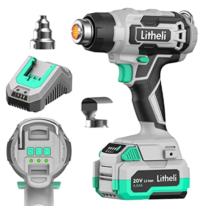 Litheli 20V Cordless Heat Gun,Hot Air Gun Kit Portable,3 Temperatures Max. 932℉,2 Nozzles, 200L/min, 13m/s,1.5Lbs,Overheat Protection for DIY, Removing Solder, Defrost, with 4Ah Battery & Charger by LiTHELi - Used - Good condition - CA$64.44