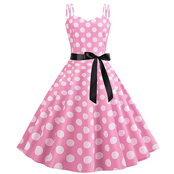 Women Vintage Polka Dot Spaghetti Strap 1950s Audrey Hepburn Rockabilly Swing Dress V Neck Retro 50's 60's Cocktail Party A-Line Wedding Evening Prom Gown Formal Dance Tea Dress with Belt Pink M by IWEMEK - Used - Acceptable condition - US$27.41