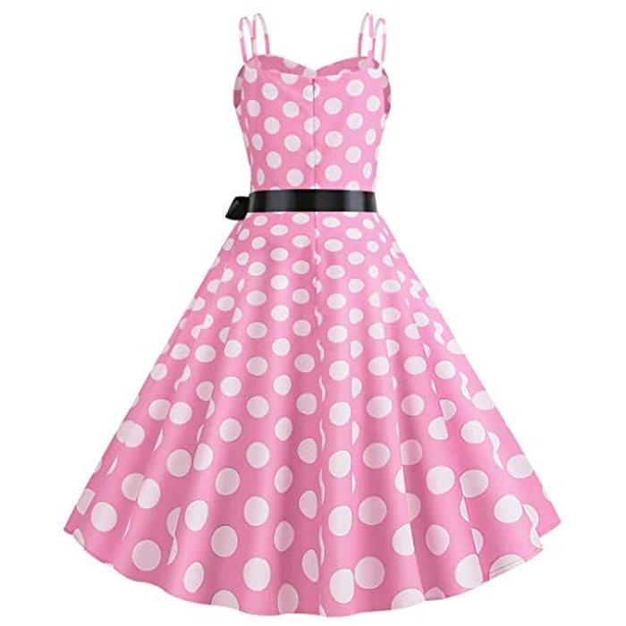 Women Vintage Polka Dot Spaghetti Strap 1950s Audrey Hepburn Rockabilly Swing Dress V Neck Retro 50's 60's Cocktail Party A-Line Wedding Evening Prom Gown Formal Dance Tea Dress with Belt Pink M by IWEMEK - Image 2