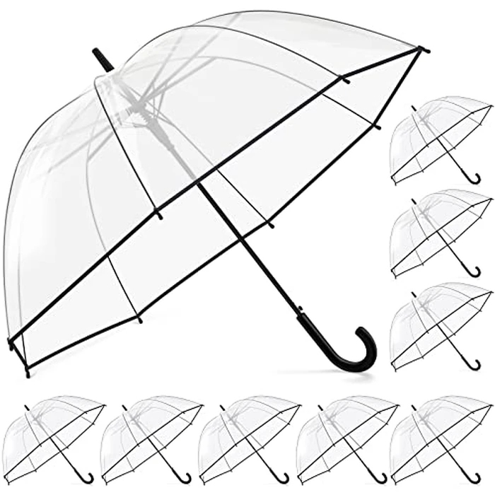 8 Pieces Clear Bubble Umbrella - Auto Open Dome Windproof for Rain, Wedding, Bride Groom Gifts, Bridal Party, Outing, Graduation, Prom - Transparent With J Hook Handle by Fabbay - Used - Like New condition