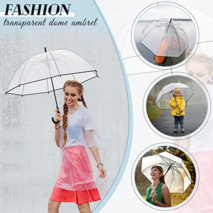 8 Pieces Clear Bubble Umbrella - Auto Open Dome Windproof for Rain, Wedding, Bride Groom Gifts, Bridal Party, Outing, Graduation, Prom - Transparent With J Hook Handle by Fabbay - Image 6
