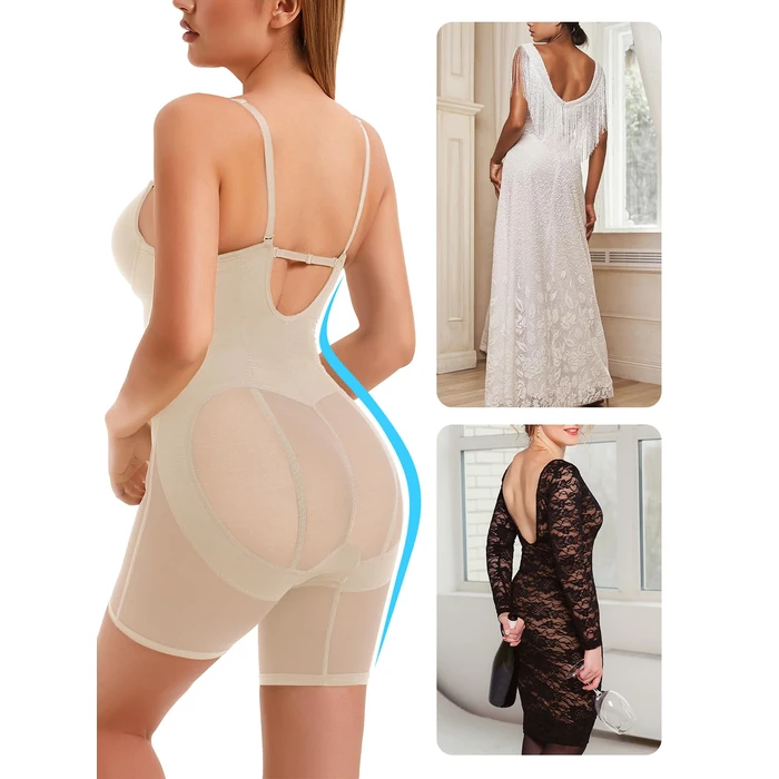 Decorus Women's Backless Shapewear Tummy Control Shaping Low Back Full Deep Plunge Strapless Bodysuit Mid Thigh Control Body Shaper for Women Beige by Decorus - Image 3