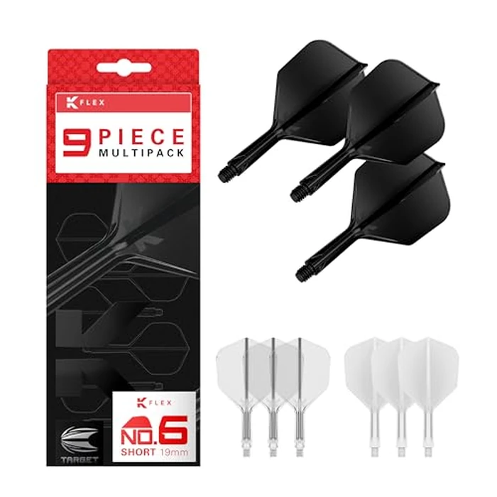 Target Darts K-Flex Integrated Dart Flights and Shafts, Short Stem (19mm), No.6 Flight, 9-Pack Bundle, Black, White & Clear | Kflex 2 in 1 Flight and Stem, Professional Darts Accessories by Target Darts - Used - Very Good condition - US$24.29
