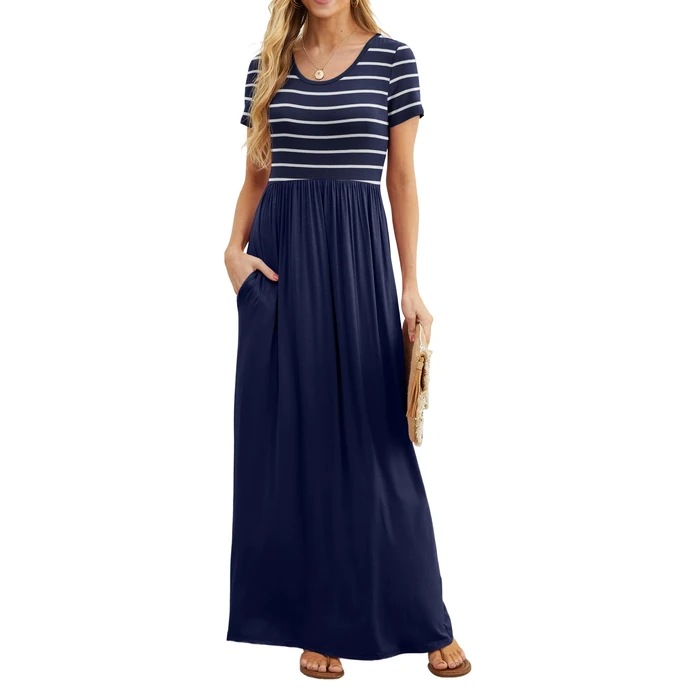 GRECERELLE Women Summer Crew Neck Casual Short Sleeve Long Maxi Dress with Pockets, Navy Striped, L by GRECERELLE - Used - Like New condition