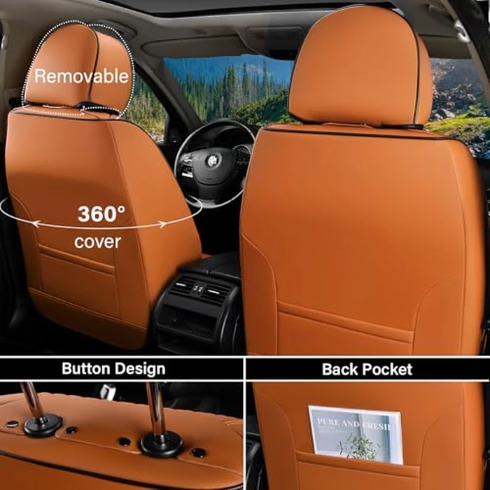 Coverado Car Seat Covers Full Set, 5 Piece Car Seat Protector with Removable Headrest, Nappa Leather Breathable Front Rear Seat Cushion Side All Wrapped Universal Fit Truck Automotive Most Cars Brown by Coverado - Image 2