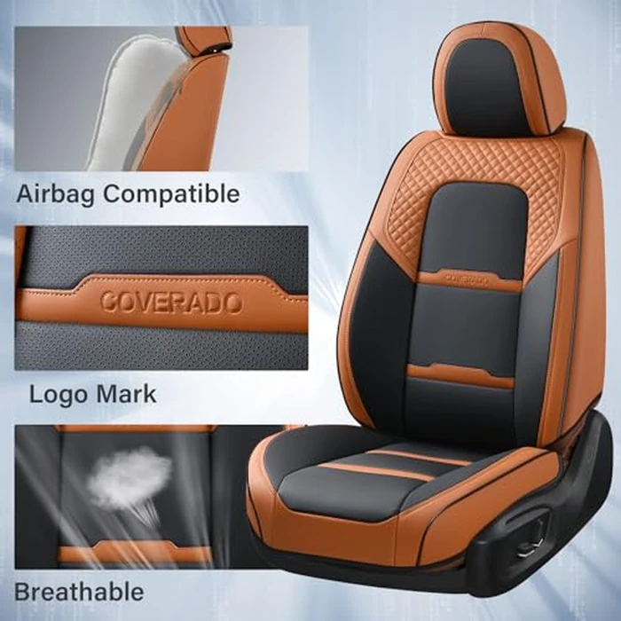 Coverado Car Seat Covers Full Set, 5 Piece Car Seat Protector with Removable Headrest, Nappa Leather Breathable Front Rear Seat Cushion Side All Wrapped Universal Fit Truck Automotive Most Cars Brown by Coverado - Image 3