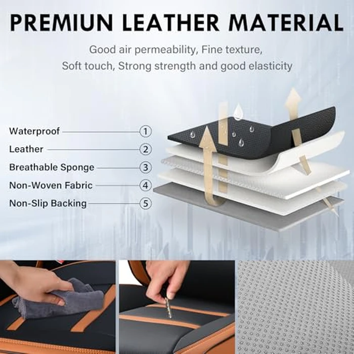 Coverado Car Seat Covers Full Set, 5 Piece Car Seat Protector with Removable Headrest, Nappa Leather Breathable Front Rear Seat Cushion Side All Wrapped Universal Fit Truck Automotive Most Cars Brown by Coverado - Image 5